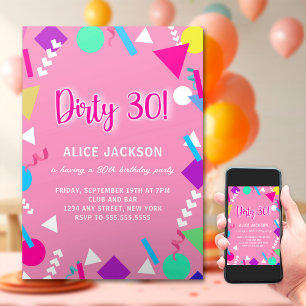 Dirty 30 Birthday Pink and Retro Invitation