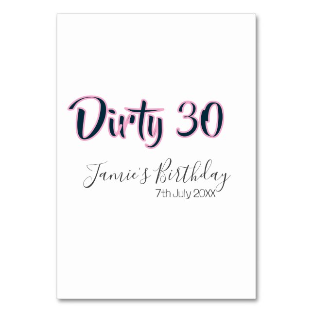 Dirty 30 happy birthday name date pink gray callig table number (Front)