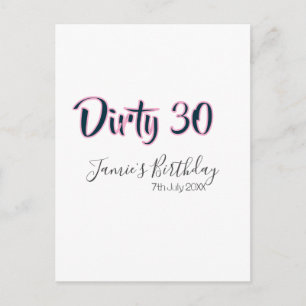 Dirty 30 happy birthday name date pink grey callig postcard