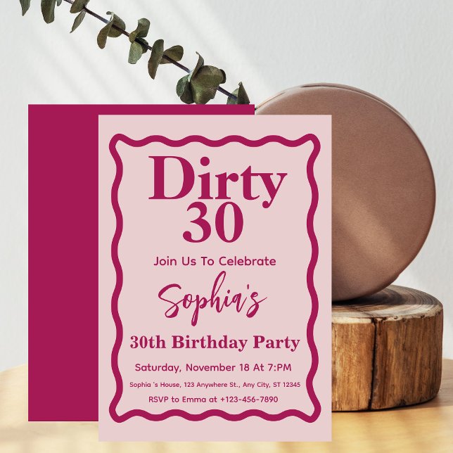 Dirty 30 Pink And Magenta Wave Curve 30th Birthday Invitation (Creator Uploaded)