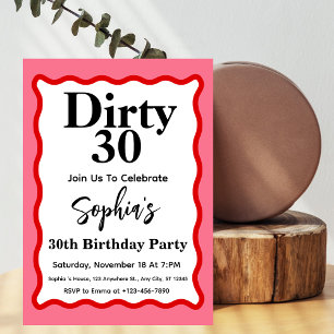 Dirty 30 Pink And Red Curve Squiggle 30th Birthday Invitation