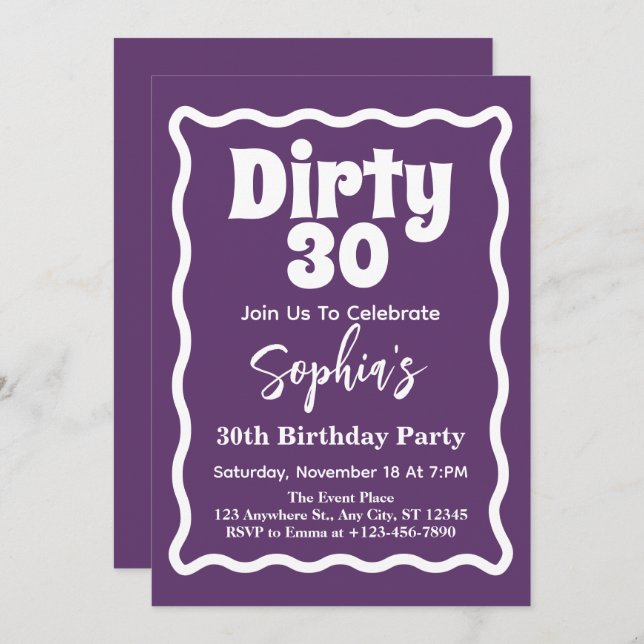 Dirty 30 Wavy Curve Squiggle 30th Birthday Party  Invitation (Front/Back)