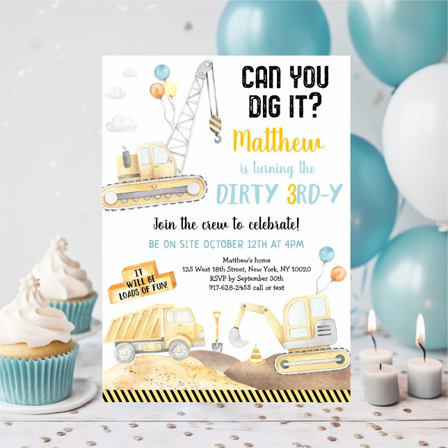 Dirty 3rd-y Construction Truck Birthday Invitation (Creator Uploaded)
