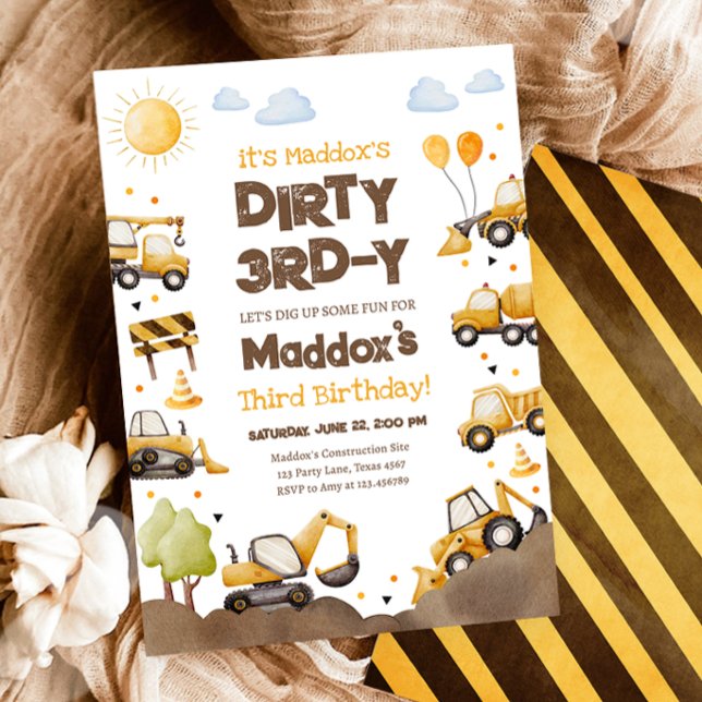 Dirty 3RD-Y Construction Trucks Boy Third Birthday Invitation (Creator Uploaded)
