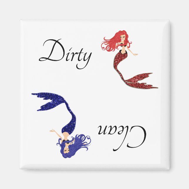 Dirty Clean Dishwasher Magnet Mermaids Red Blue (Front)