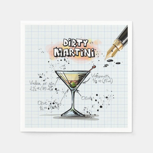 Dirty Martini Recipe Bar Drawing Napkin (Front)