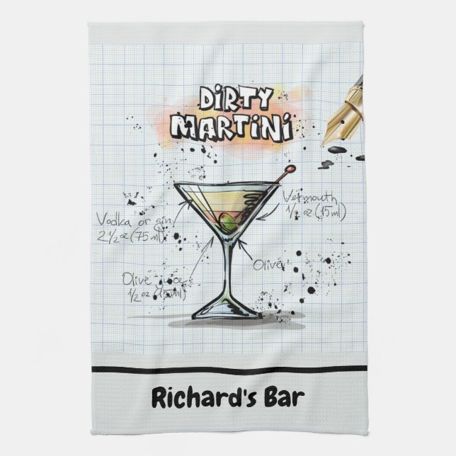 Dirty Martini Recipe Personalised Bar Drawing Tea Towel (Vertical)