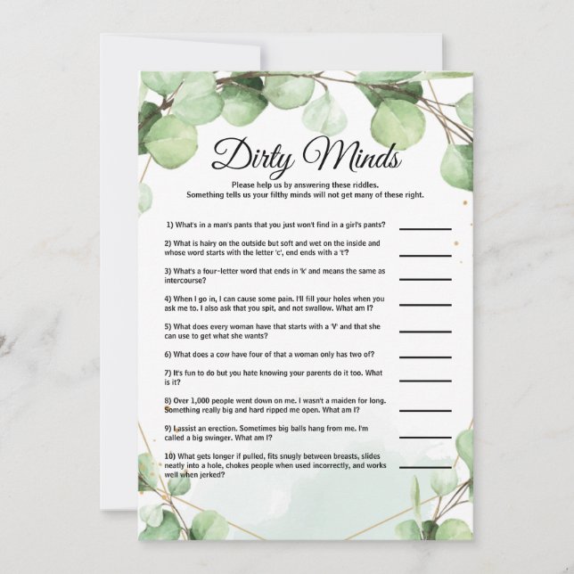 Dirty Minds Bridal Shower Game Cards (Front)