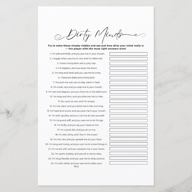 Dirty Riddles Bachelorette Party Game (Front)