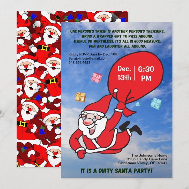 Dirty Santa Party Flying with a Blue Sky Christmas Invitation (Front/Back)