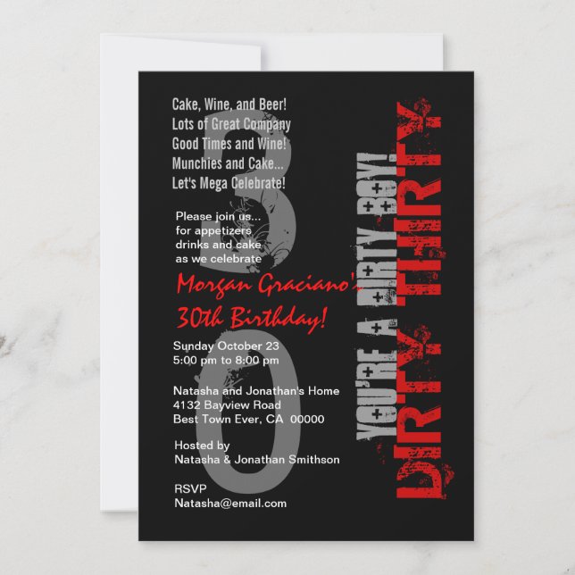 Dirty Thirty 30th Birthday Black Red Dirty Boy Invitation (Front)