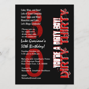 Dirty Thirty 30th Birthday Black Red You Dirty Boy Invitation