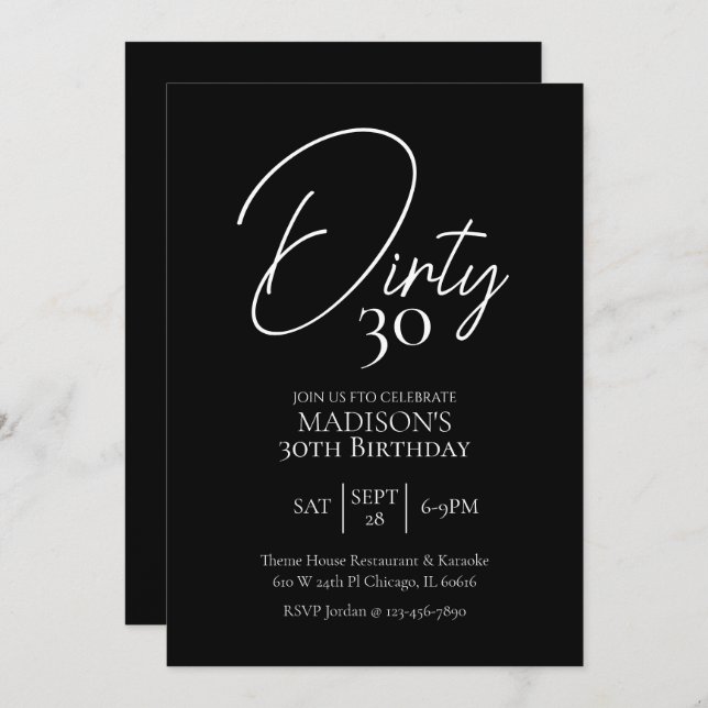 Dirty Thirty 30th Black & White Birthday Invitation (Front/Back)