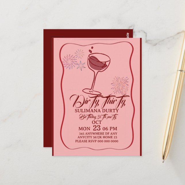 Dirty thirty birthday invitation template, cherry  postcard (Front/Back In Situ)