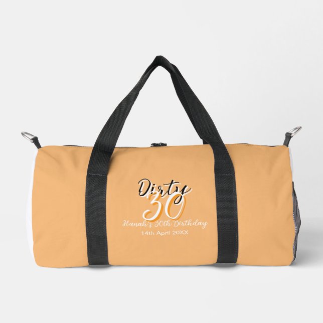 Dirty thirty orange white simple retro birthday ad duffle bag (Front)