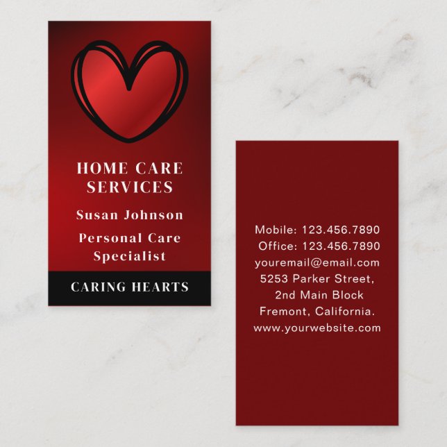 Disabled Homecare Caregiver Nurse Red Heart  Business Card (Front/Back)
