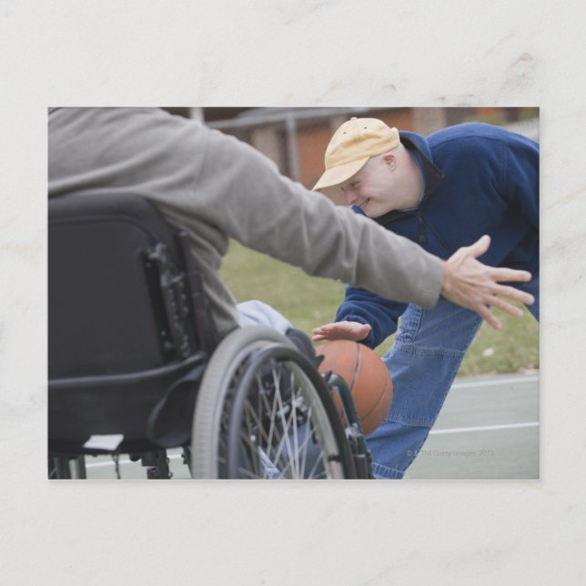 Disabled man playing basketball with his son postcard (Front)