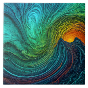 "Disappearing Sun" Abstract Fractal Waves Ceramic Tile