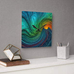 "Disappearing Sun" Abstract Fractal Waves Square Wall Clock