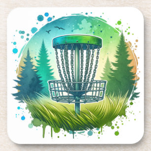Disc Golf Basket and Pine Trees Blue and Green Coaster