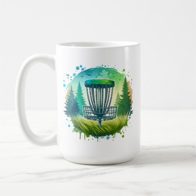 Disc Golf Basket and Pine Trees Blue and Green Coffee Mug (Left)