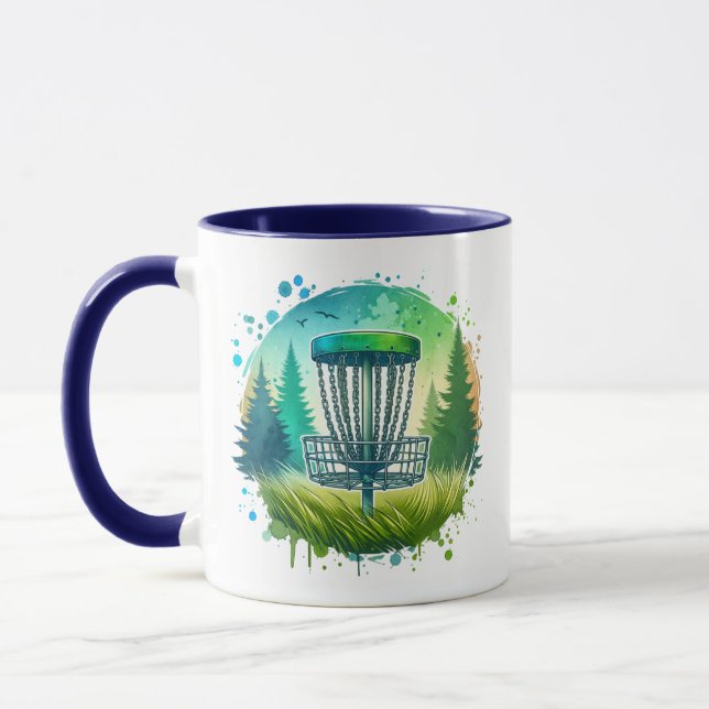 Disc Golf Basket and Pine Trees Blue and Green Mug (Left)