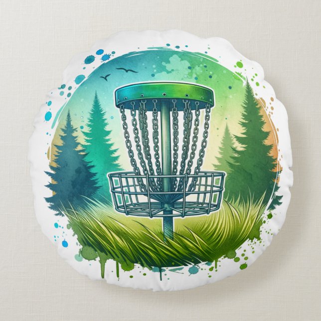 Disc Golf Basket and Pine Trees Blue and Green Round Cushion (Front)