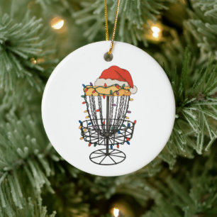 Disc Golf Basket Santa Hat Christmas Lights Xmas Ceramic Ornament