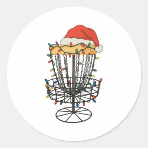 Disc Golf Basket Santa Hat Christmas Lights Xmas Classic Round Sticker