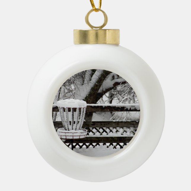 Disc Golf Goal Post in Snow Ceramic Ball Christmas Ornament (Front)