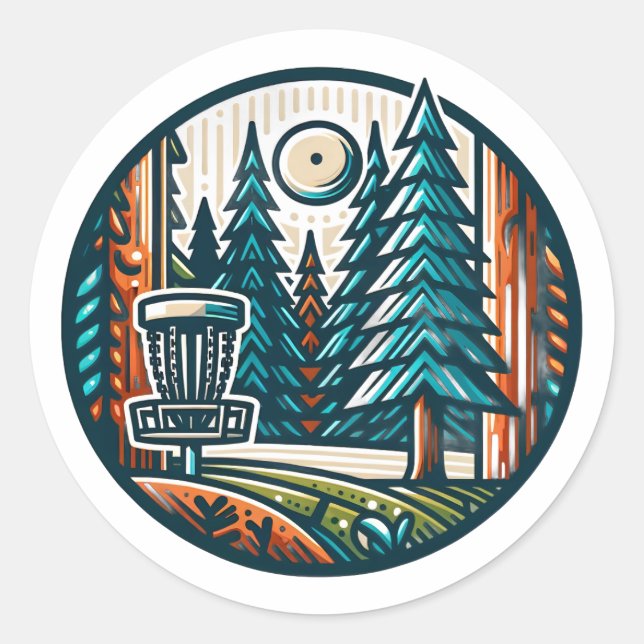 Disc Golf in the Woods Retro Vibe Art Classic Round Sticker (Front)