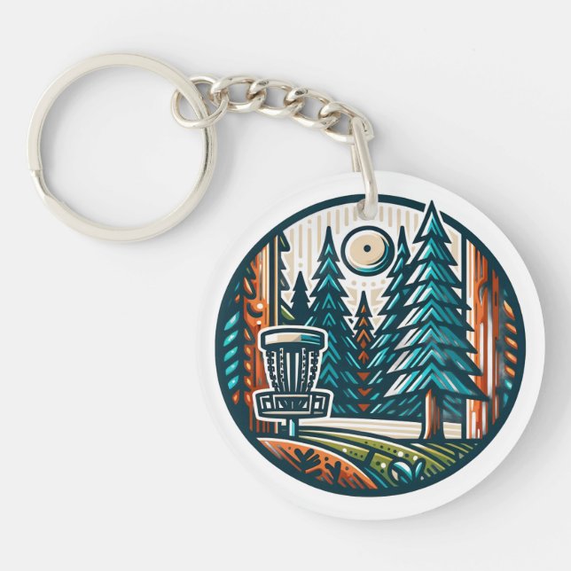 Disc Golf in the Woods Retro Vibe Art Key Ring (Front)