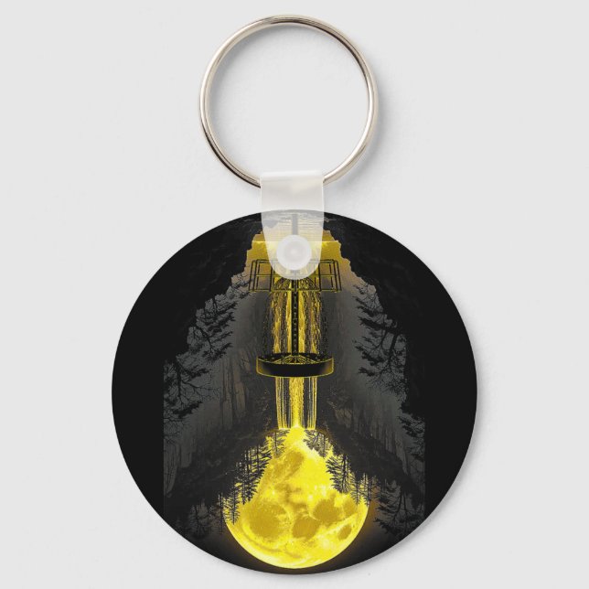 Disc Golf Player Funny Forest Moon Waterfall Sket  Key Ring (Front)