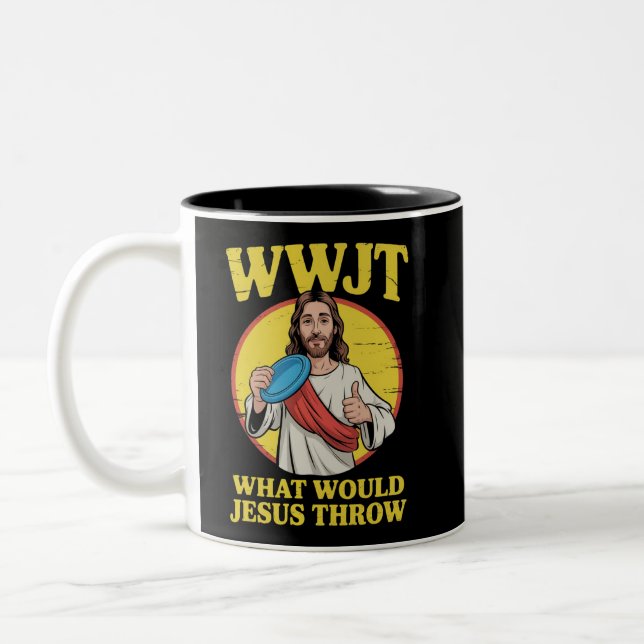 Disc Golf Wwjt What Would Jesus Throw Frisbee  Two-Tone Coffee Mug (Left)