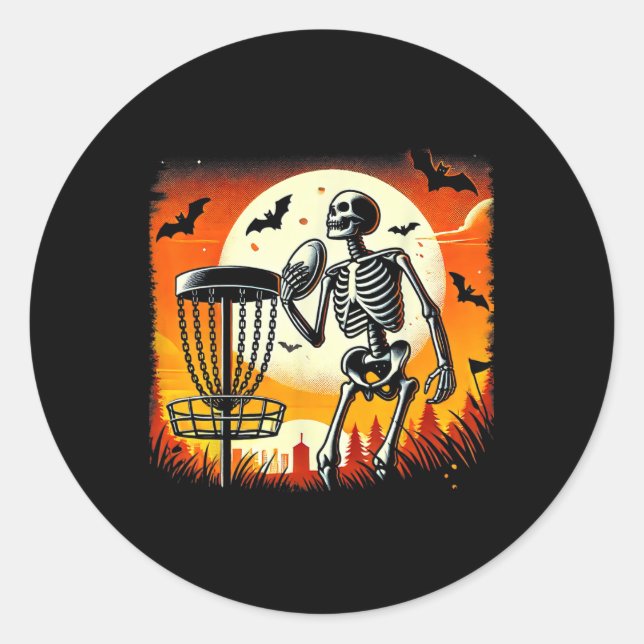 Disc Golfing Skeleton Halloween Disc Golf For Squa Classic Round Sticker (Front)