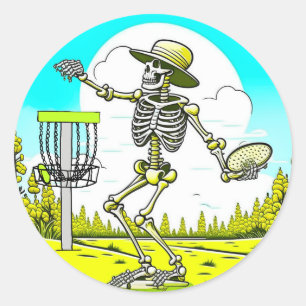 Disc Golfing Skeleton in Hat Retro  Classic Round Sticker