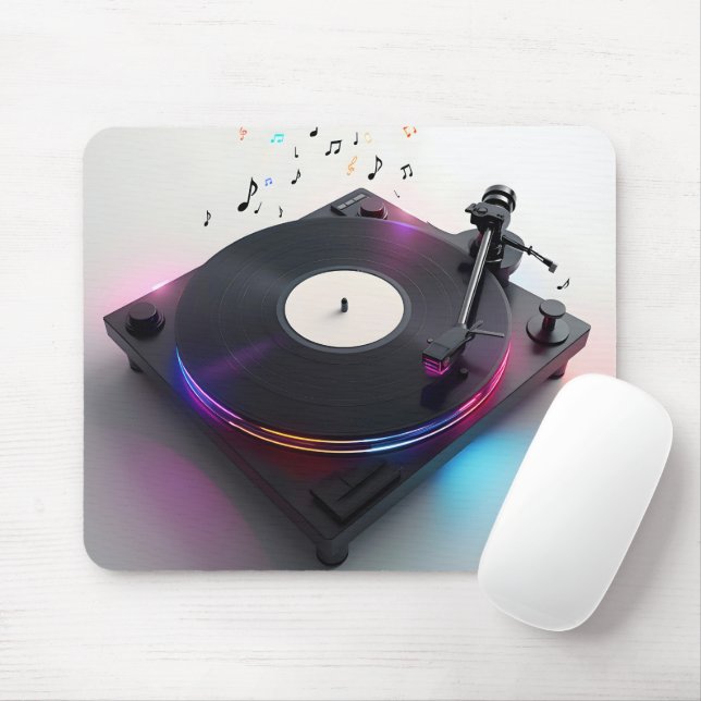 Disc Jockey Turntable With Neon Music Notes Mouse Pad (With Mouse)