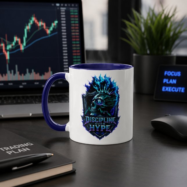 Discipline Over Hype Blue Glow Bitcoin Crypto  Mug (Product image shown for illustration purposes only.)