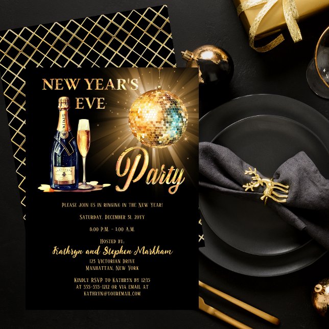 Disco and Champagne Black Gold New Years Eve Party Invitation (Disco Ball and Champagne with Glass Black and Gold Tone New Year's Eve Party Invitation)