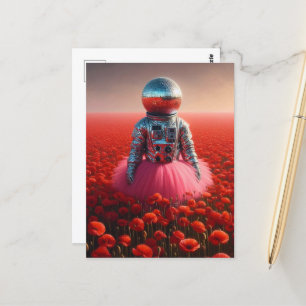 disco astronaut in a red poppy field postcard