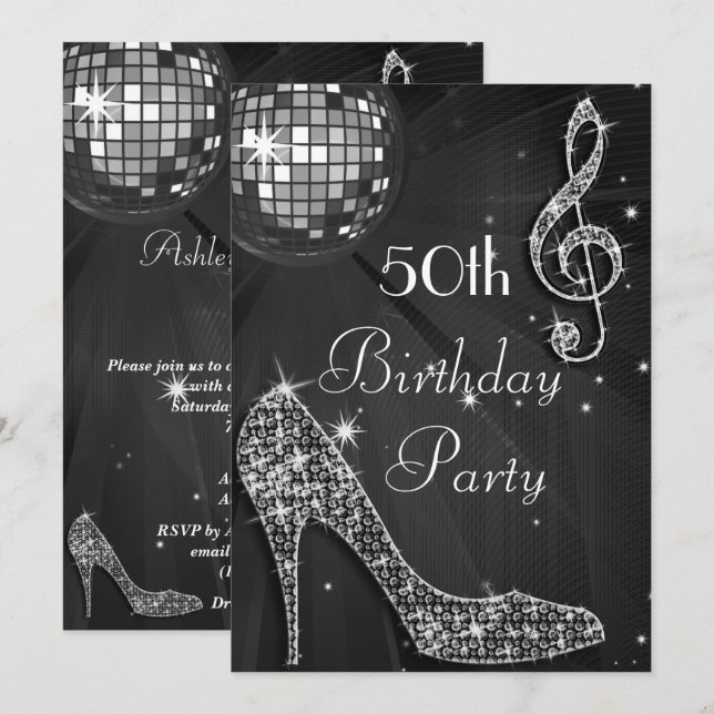 Disco Ball and Heels Black  50th Birthday Invitation (Front/Back)