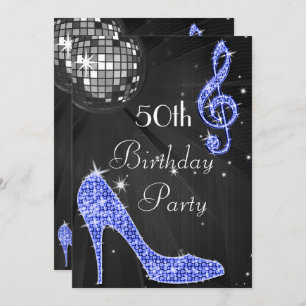Disco Ball and Heels Black & Blue 50th Birthday Invitation