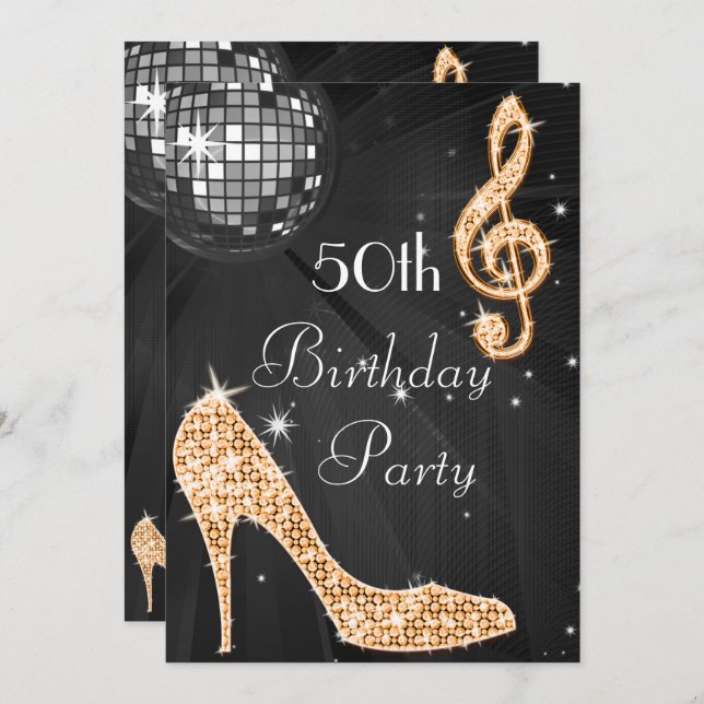Disco Ball and Heels Black & Orange 50th Birthday Invitation (Front/Back)
