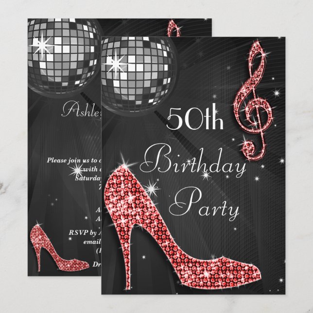 Disco Ball and Heels Black & Red 50th Birthday Invitation (Front/Back)