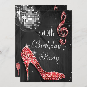 Disco Ball and Heels Black & Red 50th Birthday Invitation
