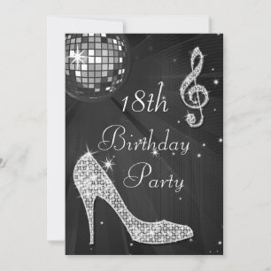 Disco Ball and Heels Black & Silver 18th Birthday Invitation