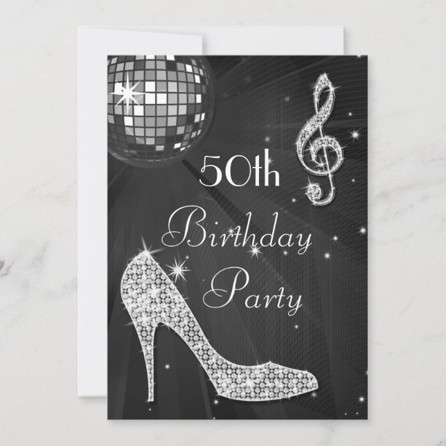 Disco Ball and Heels Black & Silver 50th Birthday Invitation (Front)