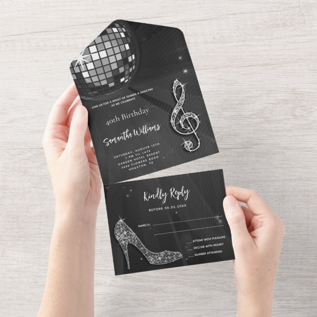Disco Ball and Heels Black & Silver Birthday All In One Invitation (Tearaway)