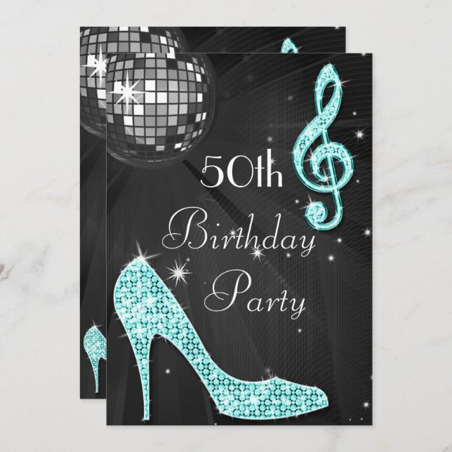 Disco Ball and Heels Black & Teal 50th Birthday Invitation (Front/Back)