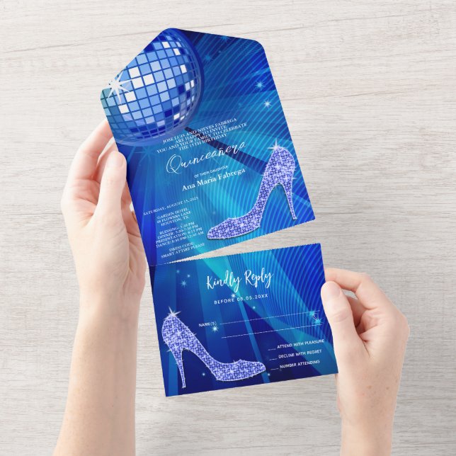 Disco Ball and Heels Blue Quinceañera All In One Invitation (Tearaway)